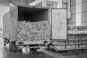 Home Black and white image of an open delivery truck in an indoor warehouse setting.